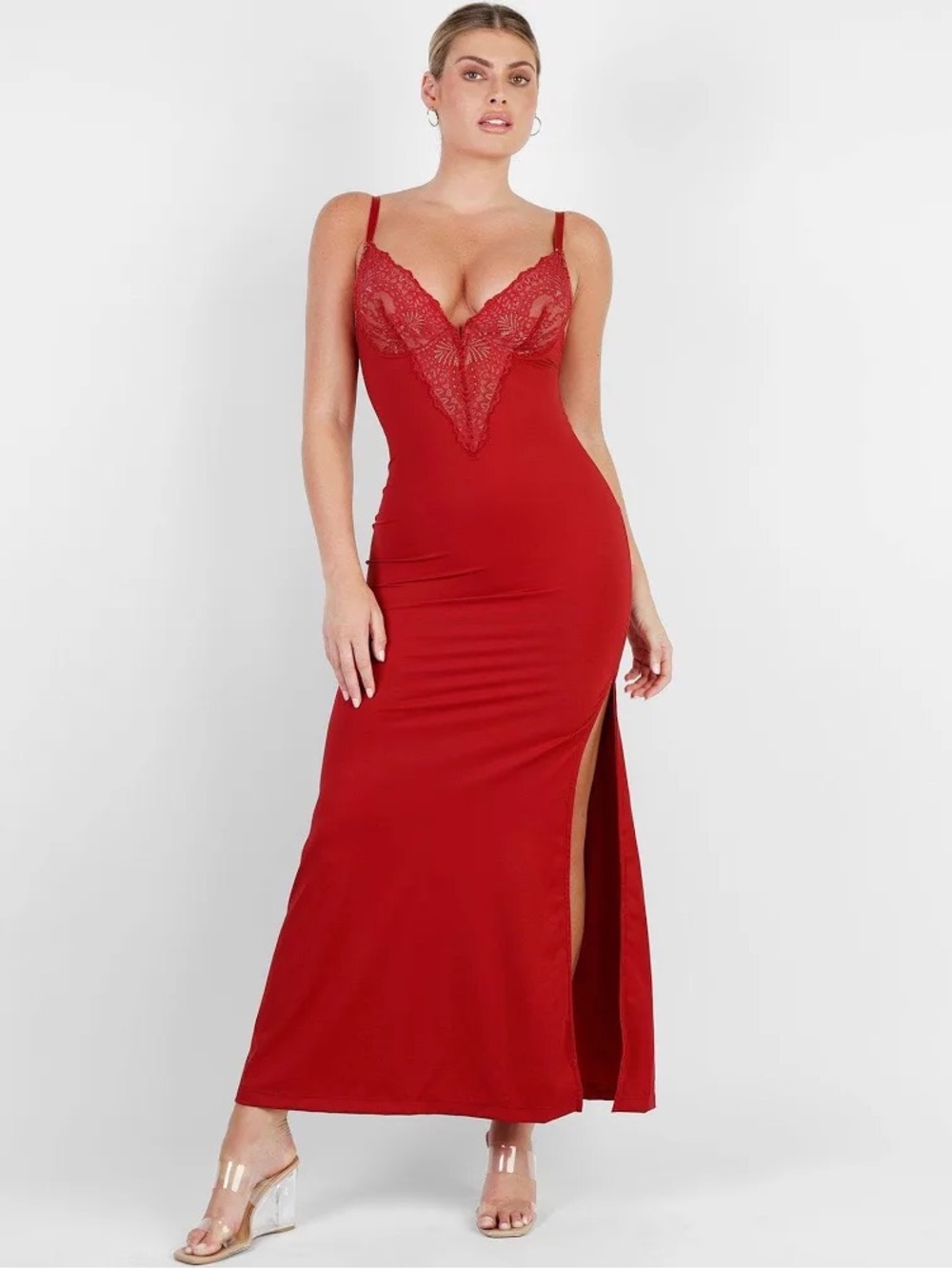 NWT Popilush Red Shapewear Lace V Neck Side Slit Slimming Maxi Slip Dress Size S